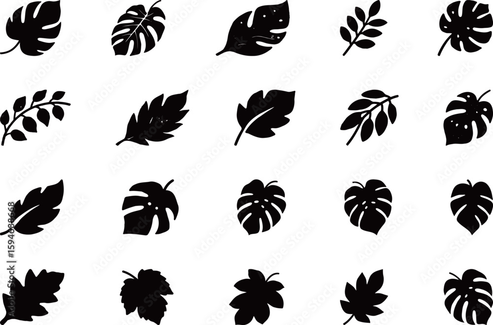 Fototapeta premium Assortment of Black Tropical Leaf Silhouette Icons.