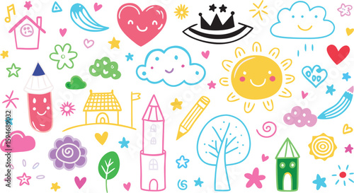 Cute colorful doodle icons set with hearts clouds sun house trees flowers and decorative elements vector illustration background