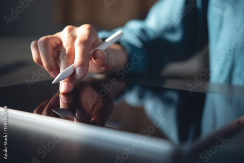Photography Closeup, woman hand with stylus pen using digital tablet, finger touching on tablet screen