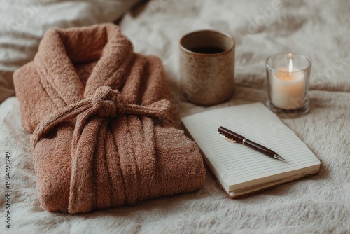 Wallpaper Mural Cozy morning routine with robe, coffee, candle, and journal on soft bedding. Summer journal prompts, creating a warm relaxation vibe Torontodigital.ca
