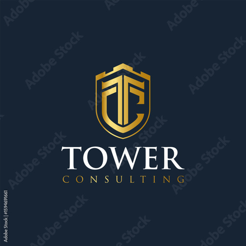 Luxury shield logo with T and C monogram, ideal for wealth consulting firms, financial advisors, or elite corporate brands seeking trust and elegance.