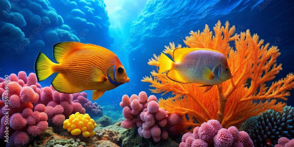 Obraz premium Vibrant Reef Scene Featuring Two Tropical Fish Among Colorful Coral and Sea Flora