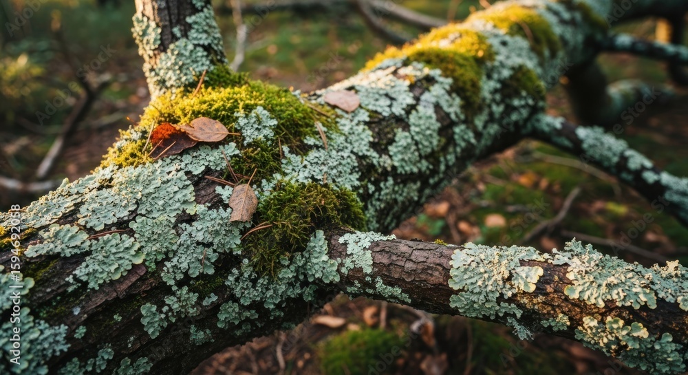 Obraz premium Fallen mossy branch in forest, bokeh sunlight