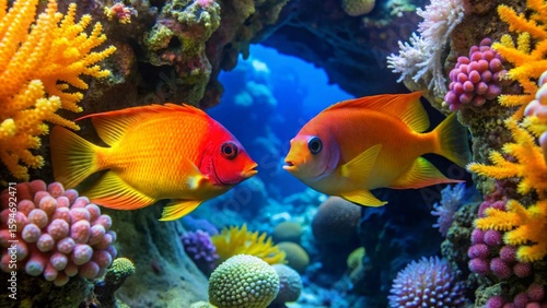 Vibrant orange fish conversing amidst a kaleidoscope of colorful coral reefs, a breathtaking underwater scene teeming with life and vibrant hues.