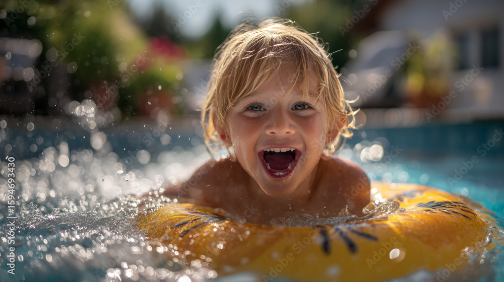 Obraz premium A young boy with blonde hair smiling in a swimming pool with a floatie