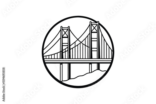 Golden Gate Bridge Minimalist Design in a Circle Frame Black and White Graphic Illustration silhouette minimalist black white illustration the