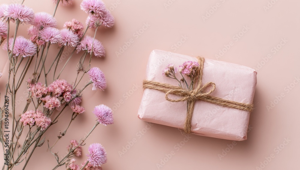 Delicate pink gift box adorned with dried flowers. Delicate pink gift box adorned with dried flowers.