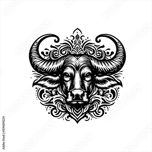 Vector art of buffalo head with ornate horns