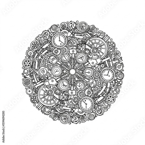 Intricate circular steampunk clockwork design with gears and timepieces