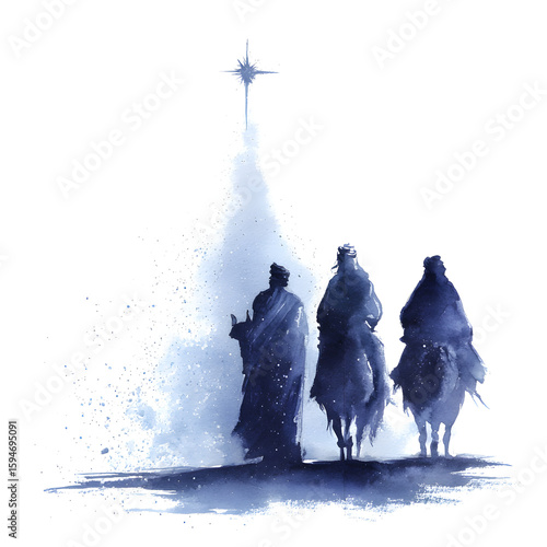 Watercolor Three Kings Following Star