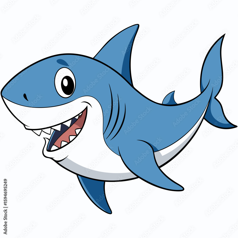 Naklejka premium Cartoon shark smiling and swimming in ocean waters 