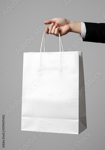 A hand in a suit sleeve holds a blank white paper shopping bag against a neutral gray background.