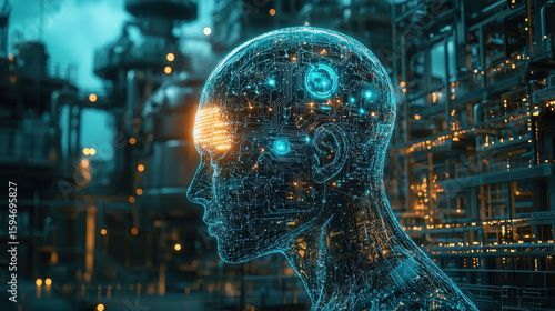 Surreal depiction of artificial intelligence integrated with nuclear energy amidst an otherworldly reactor landscape