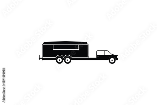 Truck and Camper Trailer Combination on a Flatbed Trailer Side View Black and White Silhouette black white silhouette image shows
