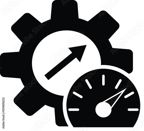 Efficiency icon. Productivity and performance optimization concept. Black line efficiency symbol with arrow and gauge. flat style.