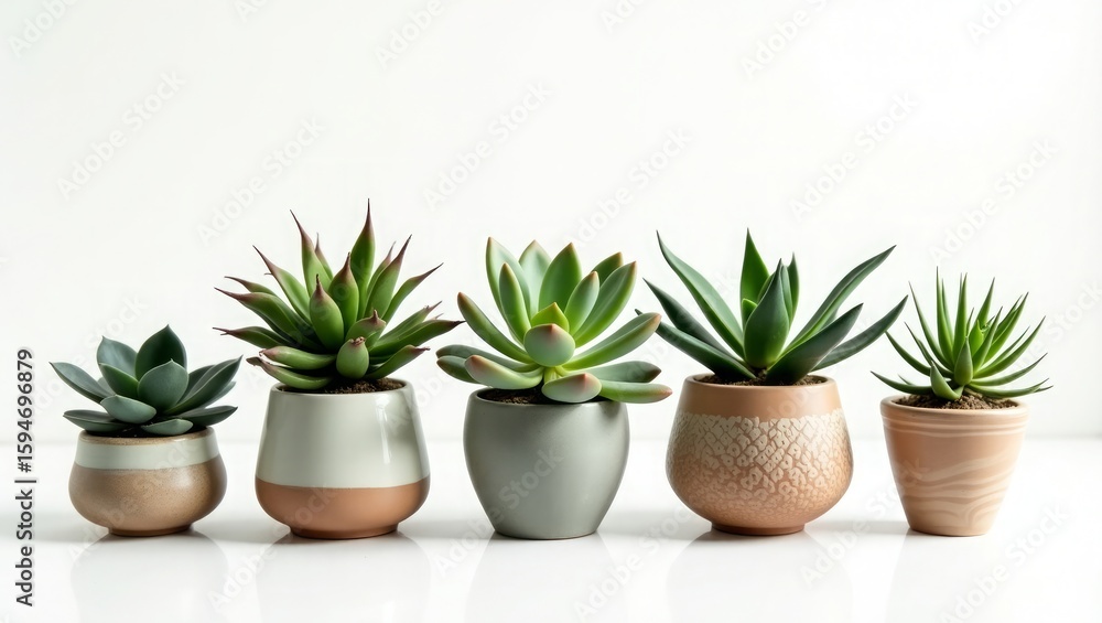 Five Succulent Plants in Pastel Pots on White Background Five Succulent Plants in Pastel Pots on White Background