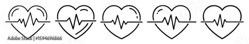 Thin Stroke Vector Heart Icons with Rhythm Pulse Lines, Editable Stroke Line Art Illustrations Representing Healthcare, Cardiology, Wellness, Medical Monitoring, and Vital Sign Symbols