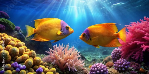 Radiant orange fish pair swimming amidst vibrant coral reef, sunlit ocean scene