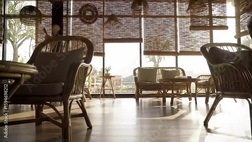 A sun-drenched room with wicker furniture and bamboo shades