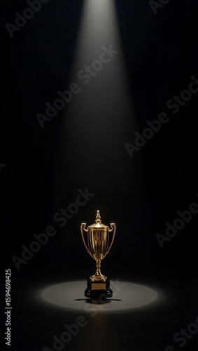 A gleaming golden trophy stands proudly on a dark pedestal illuminated by a dramatic spotlight against a stark black background symbolizing achievement and victory