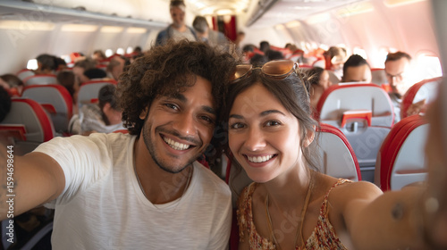 A couple takes a selfie on an airplane with other passengers visible