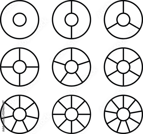 Set of circular segmented diagram icons in line style showing increasing radial divisions, isolated on white background, ideal for infographics, loading UI, and data visualization designs.