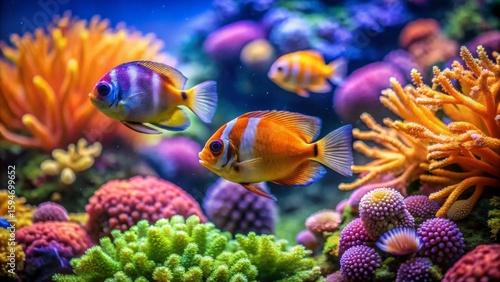 Fototapeta Naklejka Na Ścianę i Meble -  Vibrant Reef Scene Featuring Colorful Fish and Lush Coral Formations