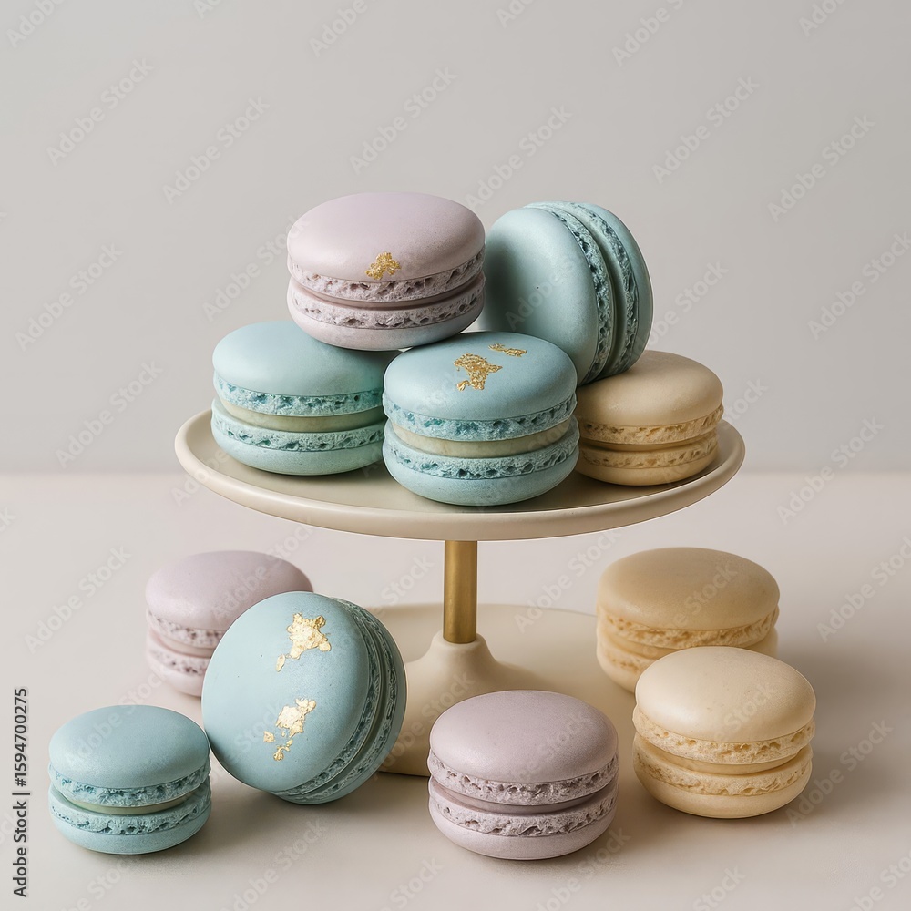 Obraz premium A tower of delicate pastel macarons, kissed with gold leaf for a touch of luxury. The perfect image for high-end bakeries, elegant celebrations, and gourmet dessert menus.