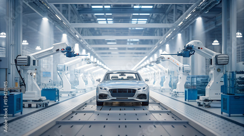 Modern car manufacturing assembly line with robotic arms painting a vehicle