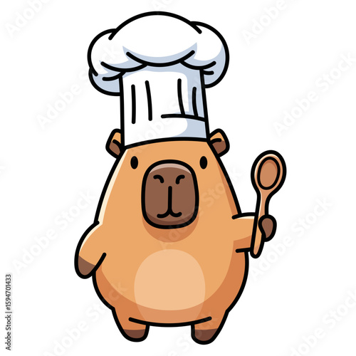 Cute capybara character dressed as a chef with a toque hat, holding a wooden spoon. Perfect mascot for a restaurant, cafe logo, cooking blog, or a food festival brand. Funny vector illustration