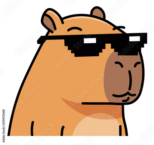 Cool capybara character wearing pixelated sunglasses. Funny meme illustration symbolizing a chill attitude and confidence. Perfect as a sticker, avatar, or for social media