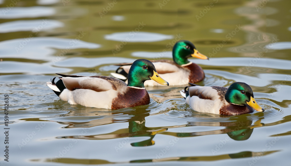 Obraz premium Three male mallard ducks swimming together in a tranquil pond 