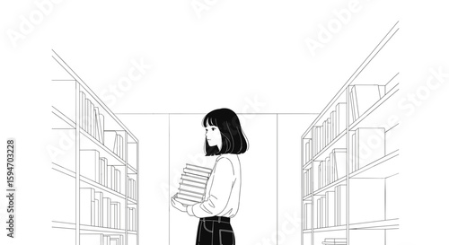 Young woman carrying books in library aisle black and white