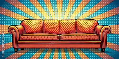 Retro Orange Sofa on a Vibrant Pop Art Background, Perfect for Home Decor and Interior Design Projects
