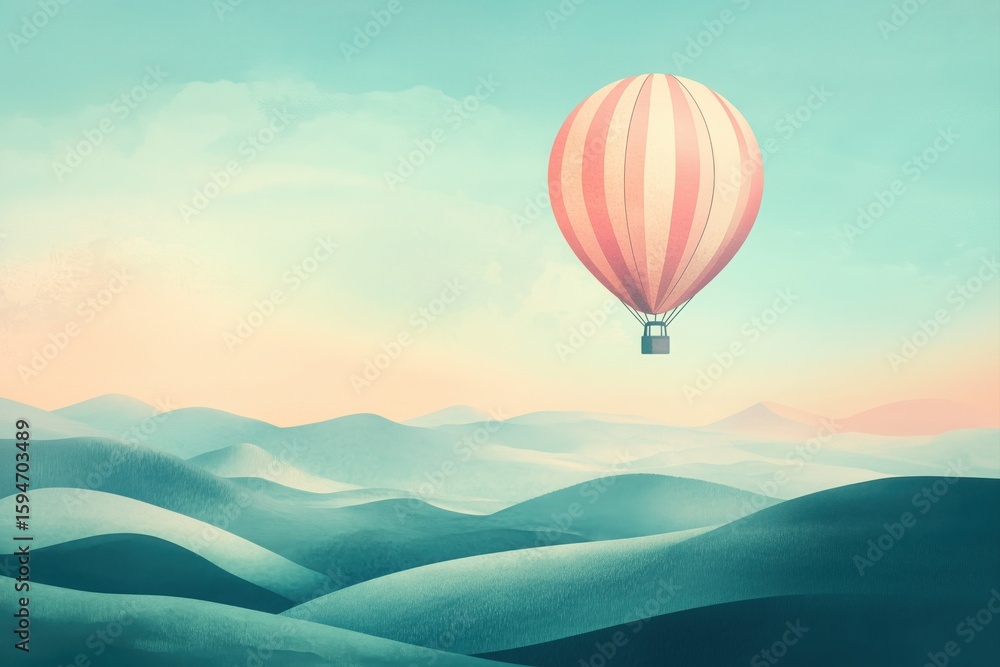 Obraz premium A whimsical, pastel-colored scene with a hot air balloon soaring above rolling hills and distant peaks.