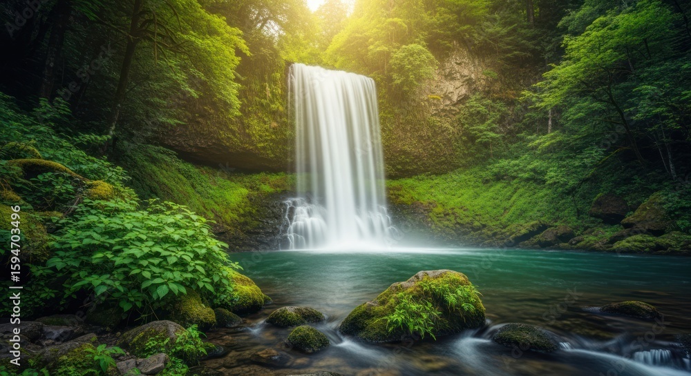 Obraz premium Lush waterfall cascades into serene pool under sunlit canopy