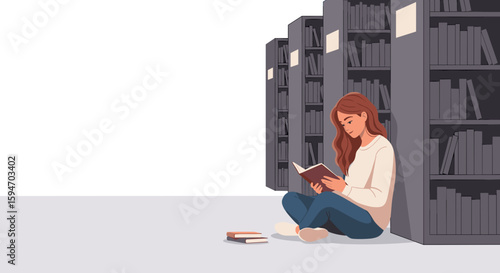 Young woman reading book on library floor white background