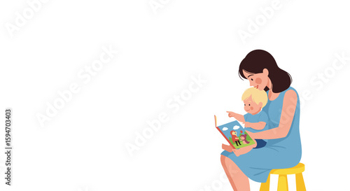 Mother reading picture book to toddler on white background