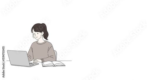 Young woman studying on laptop with book white background