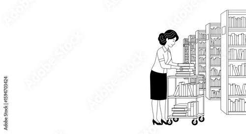 Librarian shelving books on cart in library white background