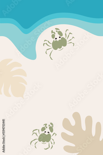 Sea beach background with crabs and leaves shadow. Perfect for poster, banner, cover, card, story, sale. Vector template for decor and design.