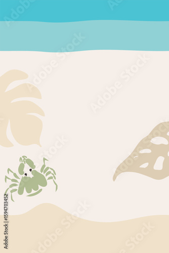 Sea background template with exotic leaves shadow and crab. Perfect for poster, banner, cover, postcard, story. Vector illustration for decor and design.