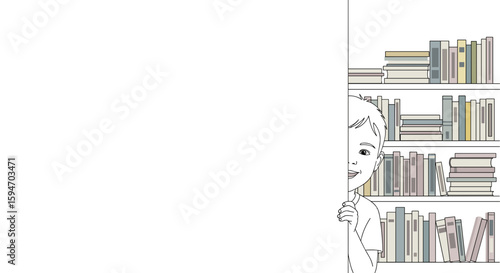 Young boy hiding behind wall near bookshelves white background
