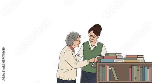 Elderly woman and librarian choosing books on white background