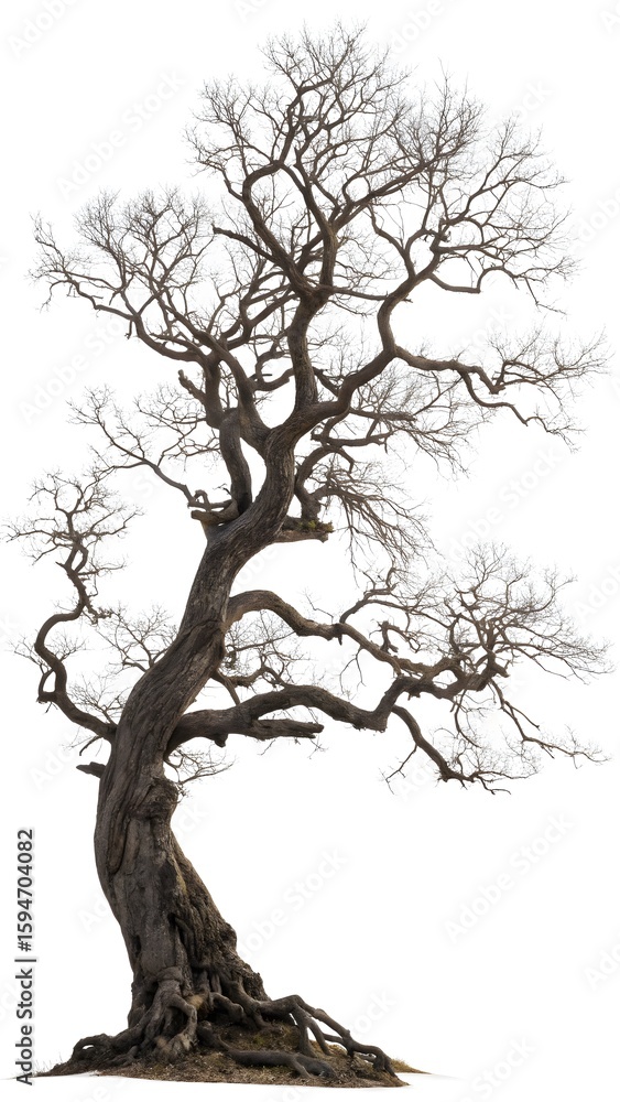 Fototapeta premium Gnarled ancient bonsai tree with bare branches isolated on white background