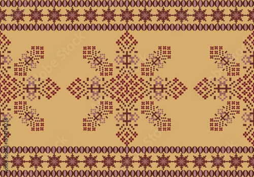 seamless pixel pattern features a vivid brown palette with symmetric geometric floral motifs. Traditional Thai textile influence blends with digital pixel art, creating a modern cultural aesthetic,