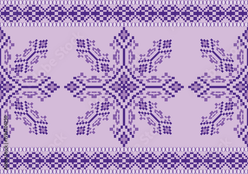 seamless pixel pattern features a vivid purple palette with symmetric geometric floral motifs. Traditional Thai textile influence blends with digital pixel art, creating a modern cultural aesthetic.