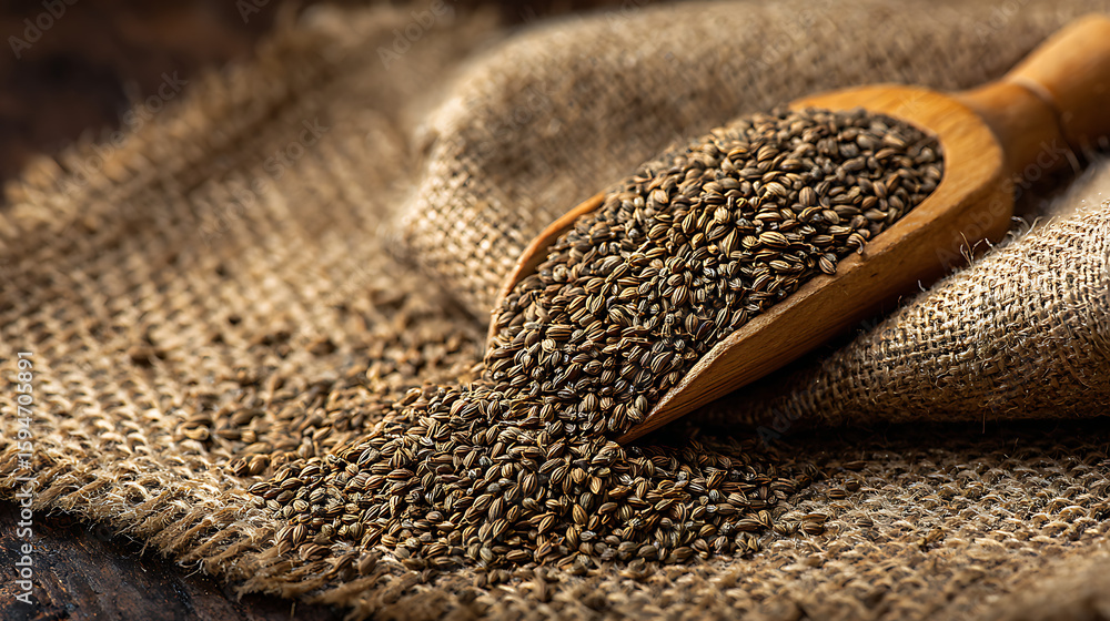 Ajwain seeds in wooden scoop on burlap carom seeds Ajwain seeds in wooden scoop on burlap carom seeds