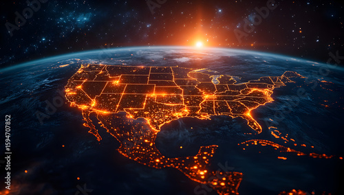 Satellite network grid overlaying USA map, illustrating nationwide digital connectivity and communication infrastructure