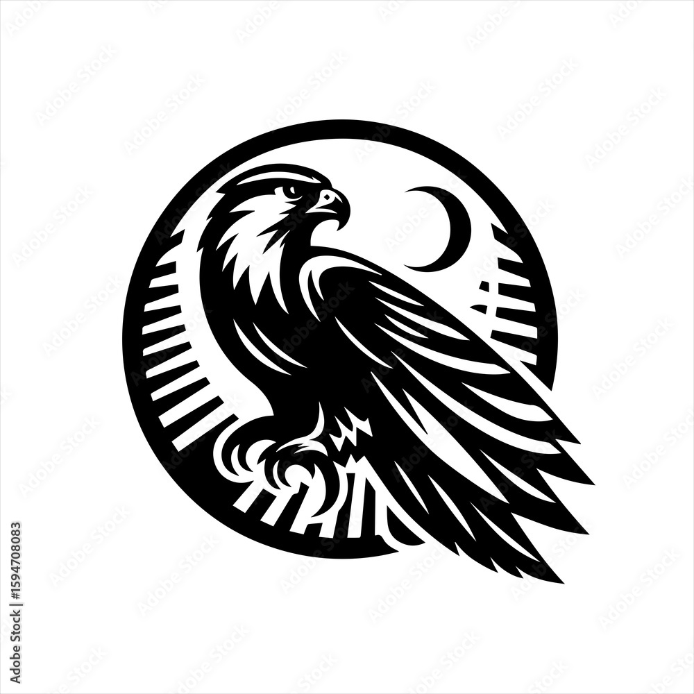 Fototapeta premium Vector art of eagle in a circle with moon
